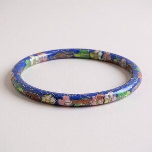 Vintage Chinese Export Cloisonne Bangle Bracelet Blue Floral Enamel Clouds Boho